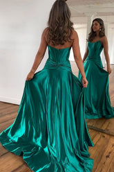 Green A-Line Strapless Zipper Back Long Satin Prom Dress With Split